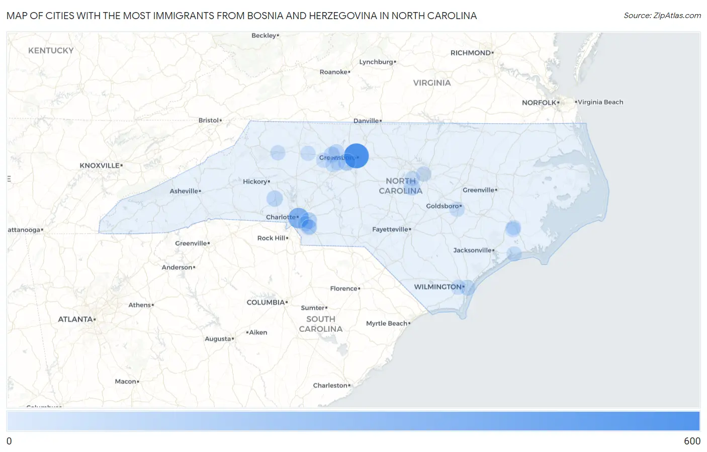 Cities with the Most Immigrants from Bosnia and Herzegovina in North Carolina Map