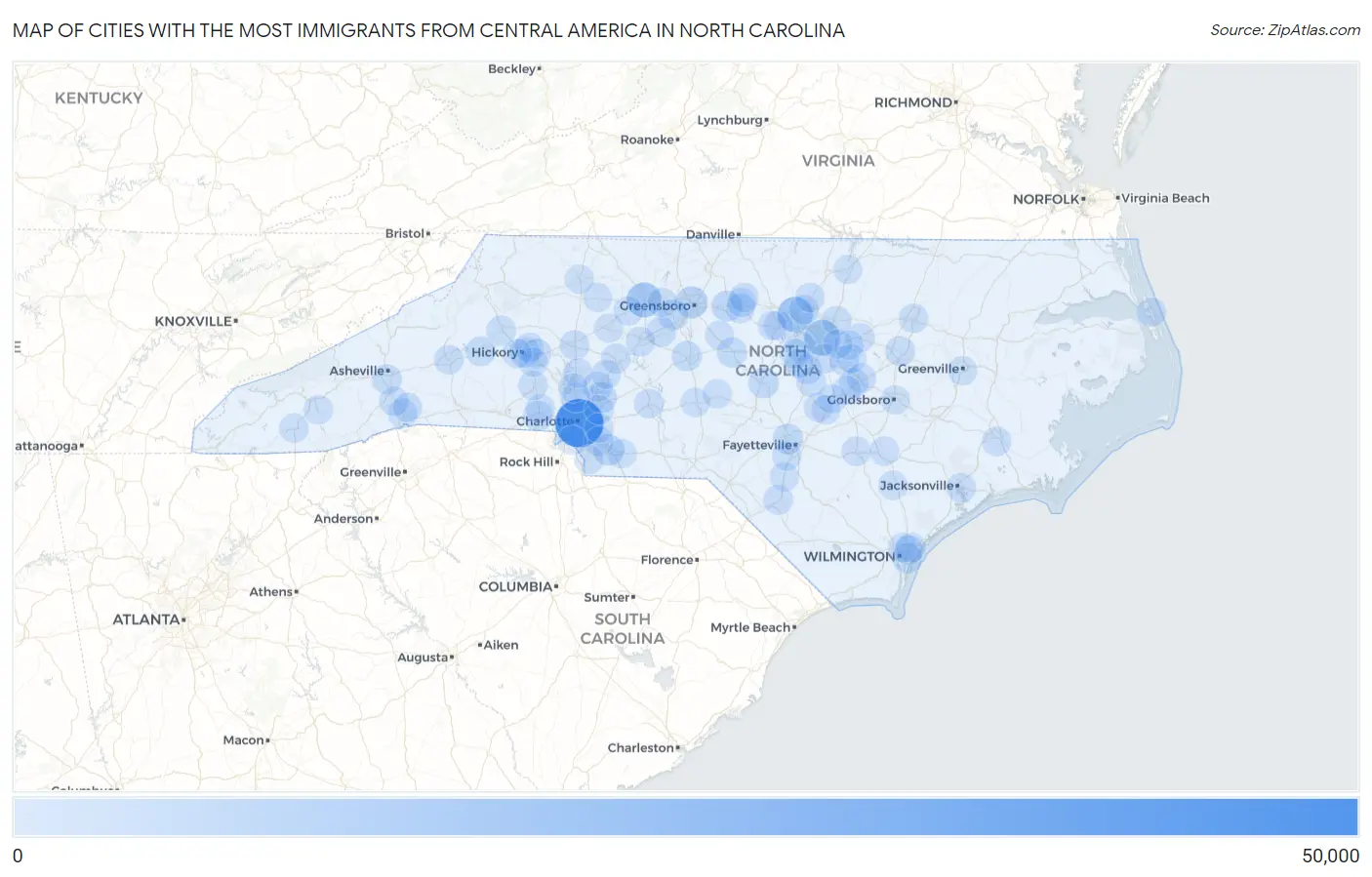Cities with the Most Immigrants from Central America in North Carolina Map