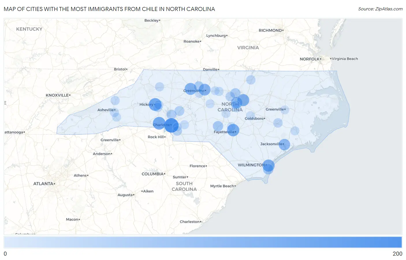 Cities with the Most Immigrants from Chile in North Carolina Map