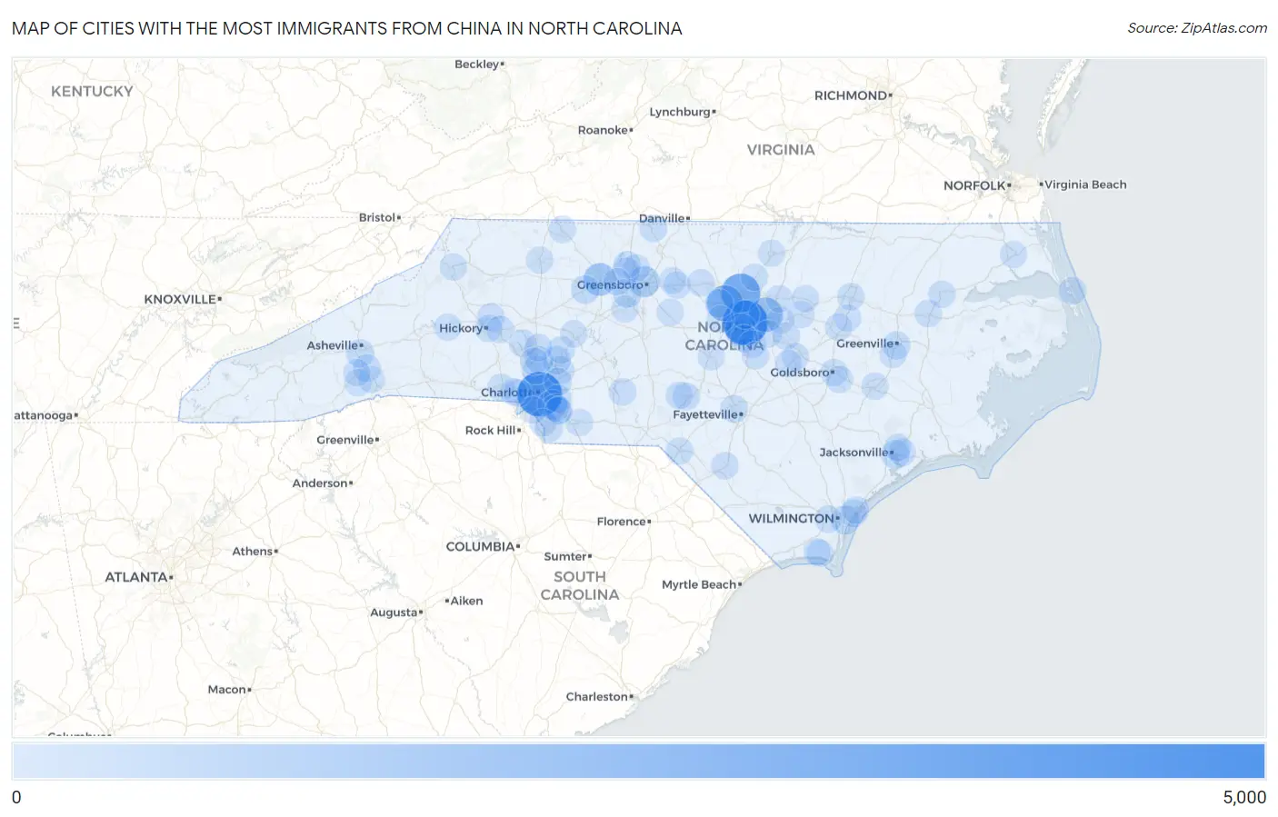 Cities with the Most Immigrants from China in North Carolina Map