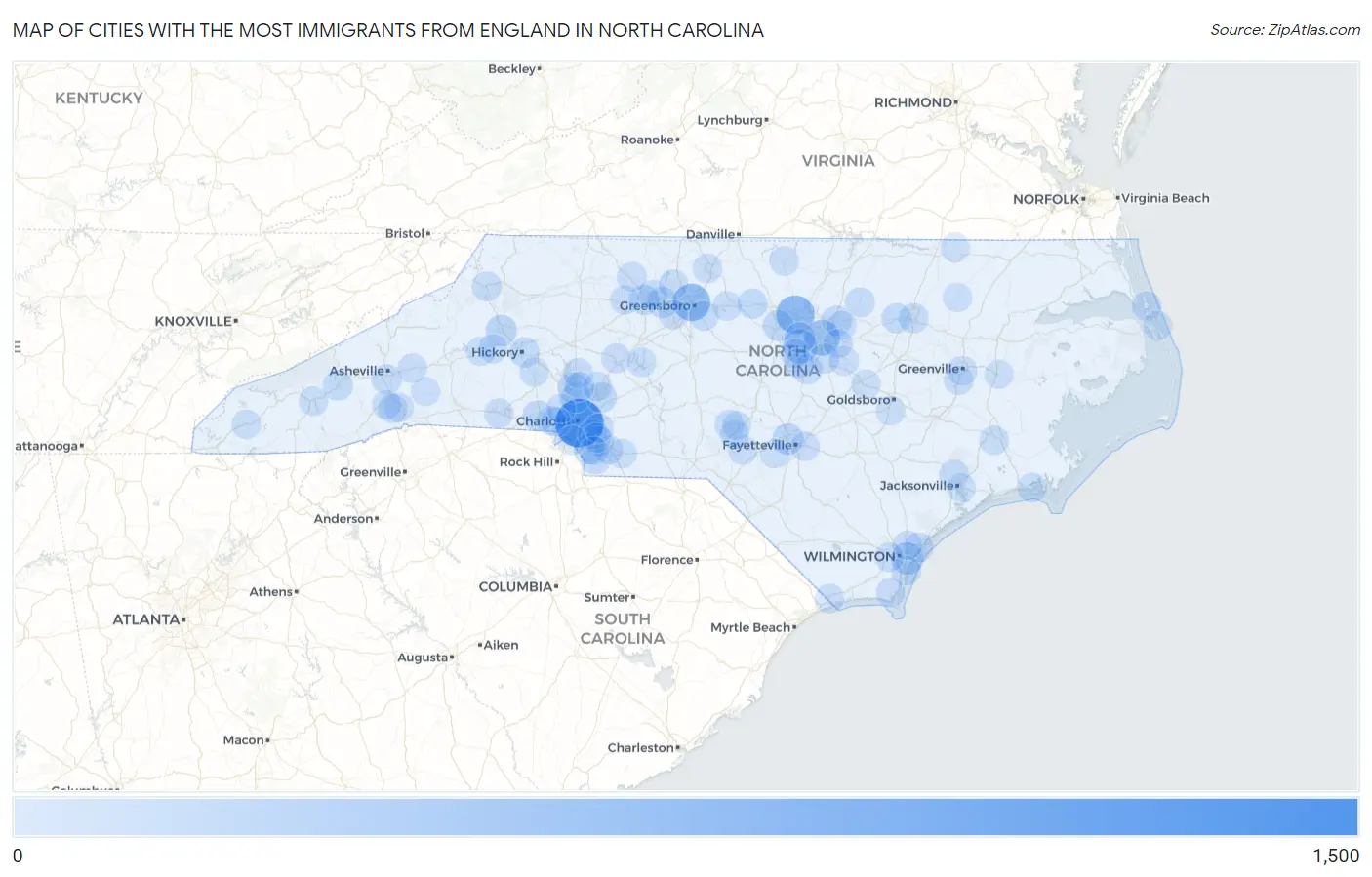 Cities with the Most Immigrants from England in North Carolina Map