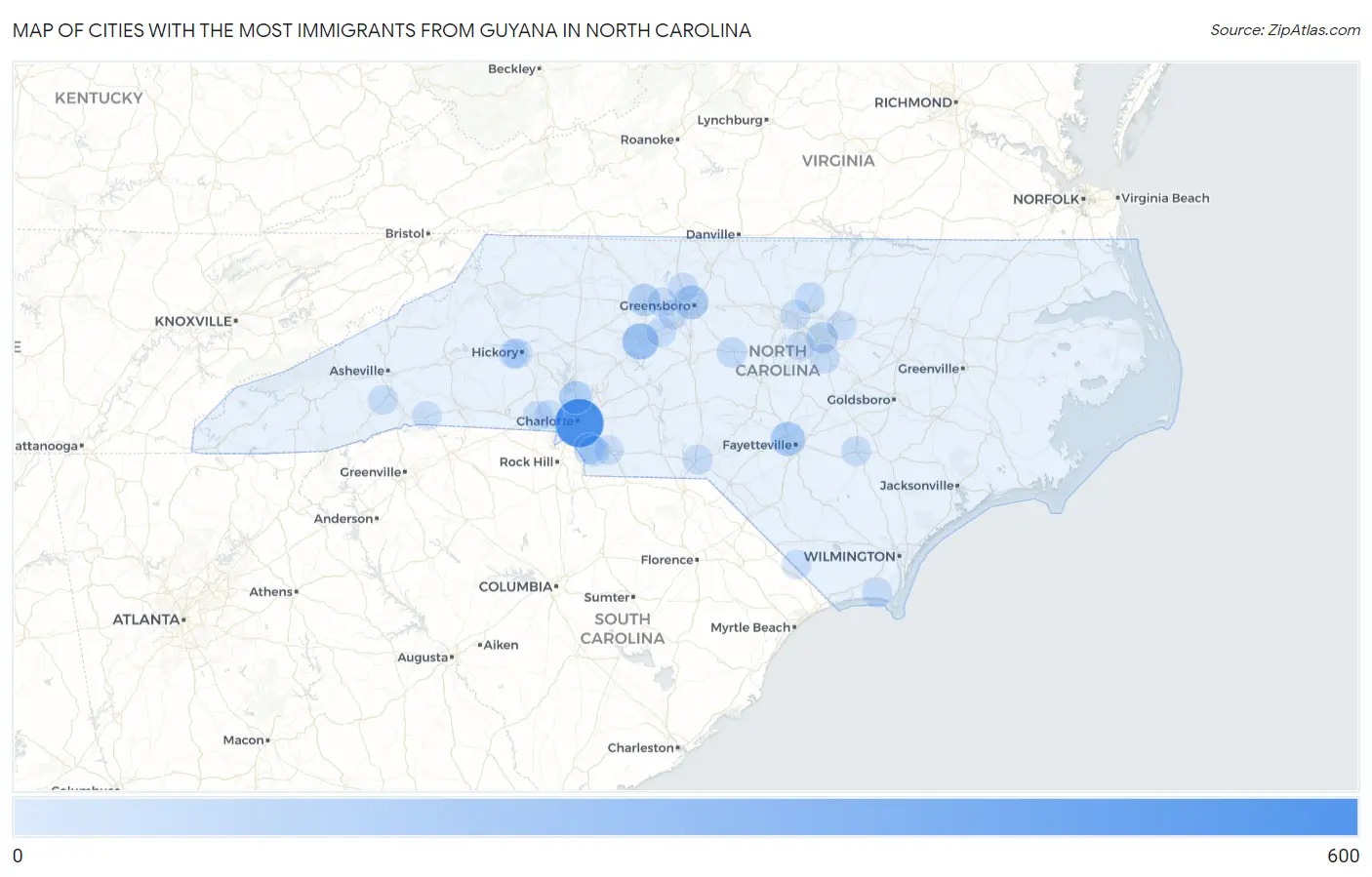 Cities with the Most Immigrants from Guyana in North Carolina Map