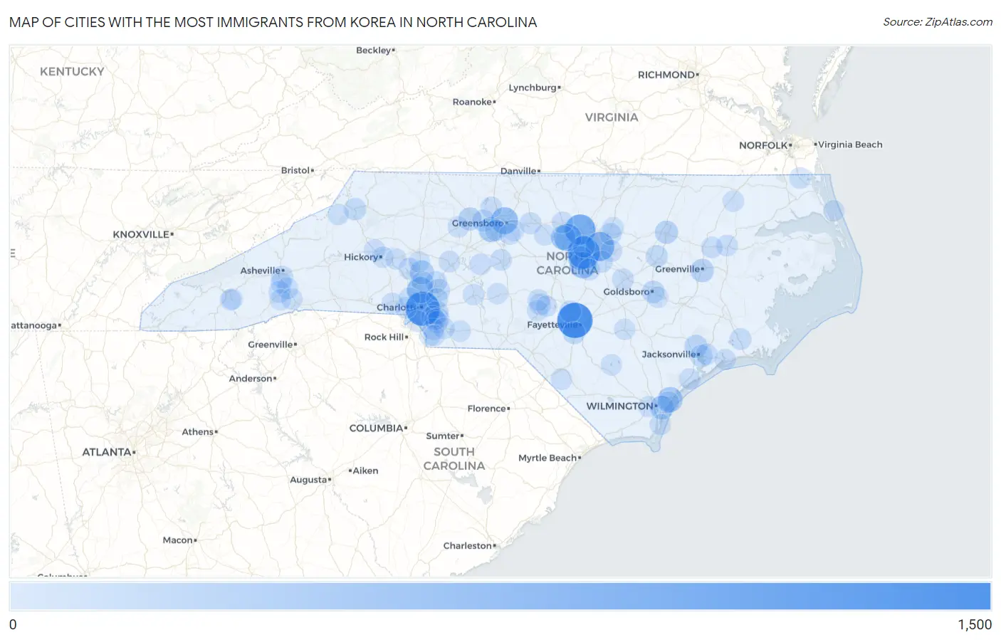 Cities with the Most Immigrants from Korea in North Carolina Map