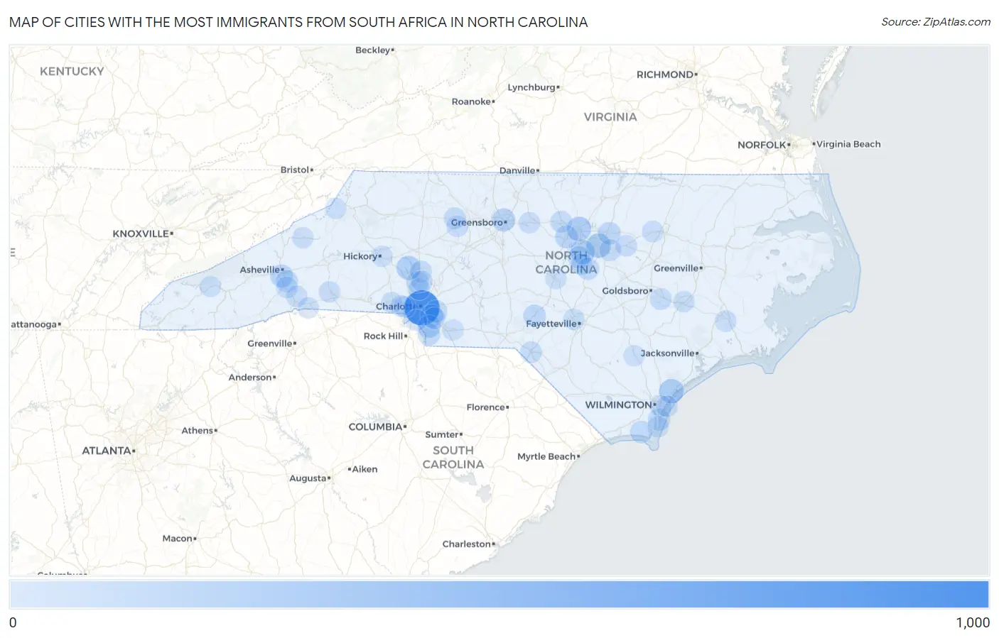 Cities with the Most Immigrants from South Africa in North Carolina Map