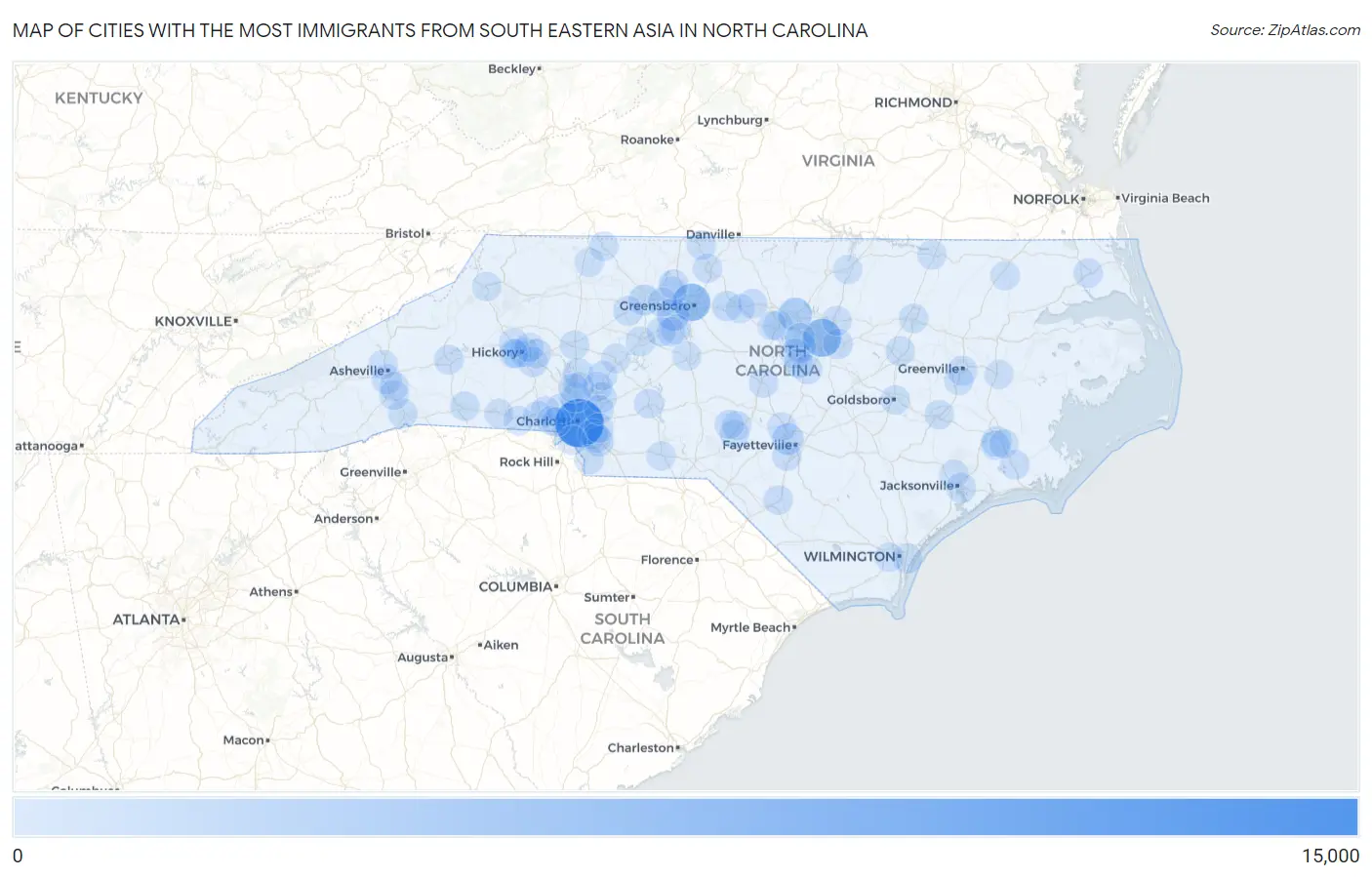 Cities with the Most Immigrants from South Eastern Asia in North Carolina Map