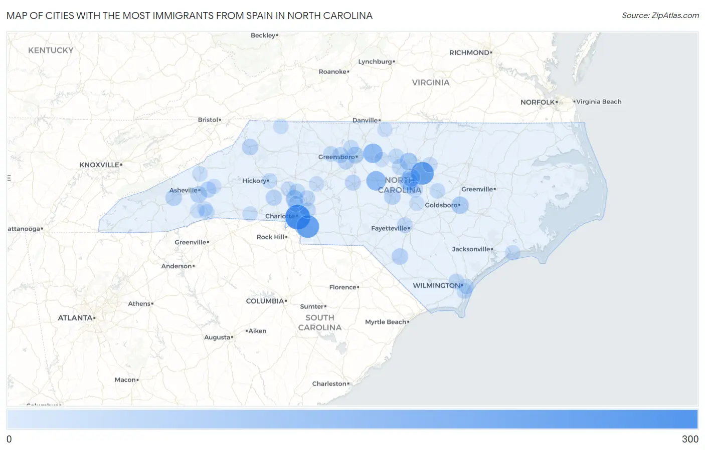 Cities with the Most Immigrants from Spain in North Carolina Map