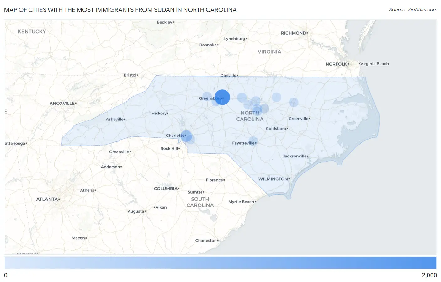 Cities with the Most Immigrants from Sudan in North Carolina Map