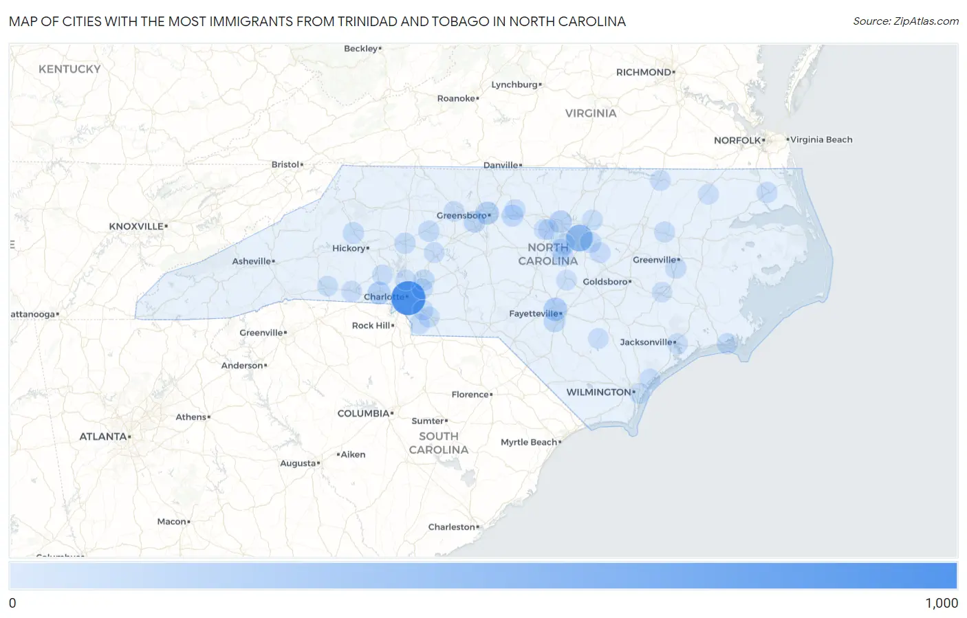 Cities with the Most Immigrants from Trinidad and Tobago in North Carolina Map