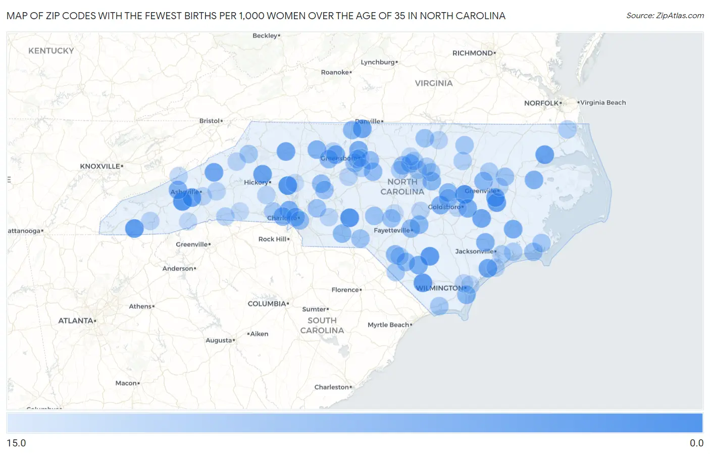 Zip Codes with the Fewest Births per 1,000 Women Over the Age of 35 in North Carolina Map