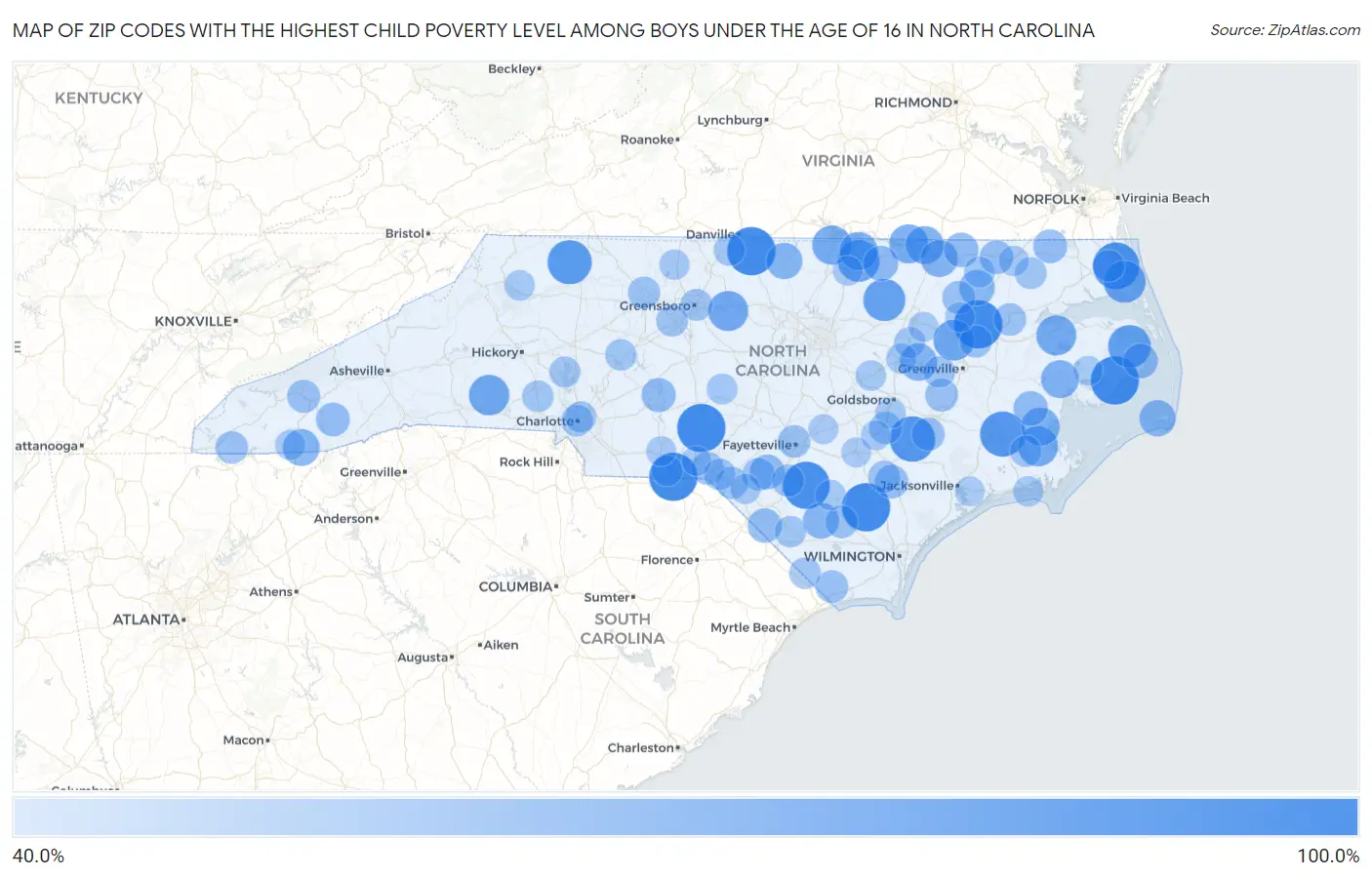 Zip Codes with the Highest Child Poverty Level Among Boys Under the Age of 16 in North Carolina Map