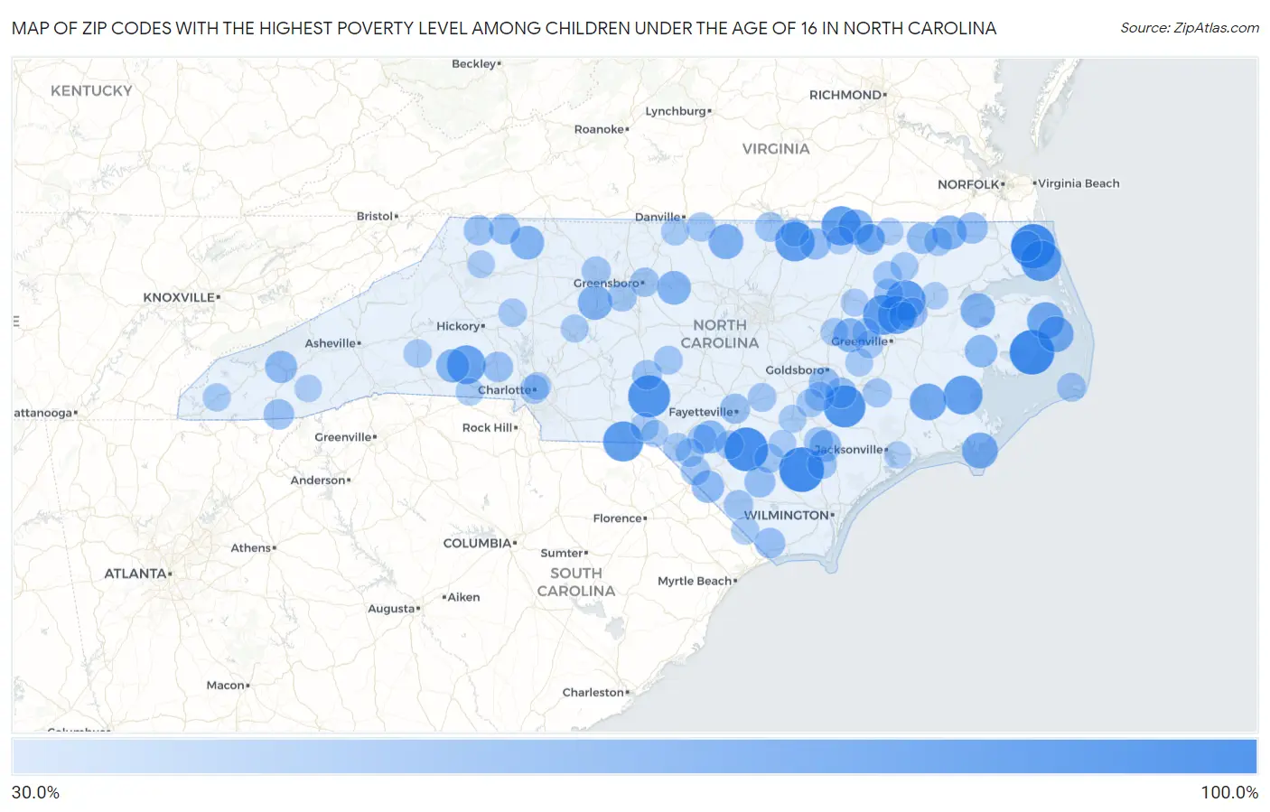 Zip Codes with the Highest Poverty Level Among Children Under the Age of 16 in North Carolina Map