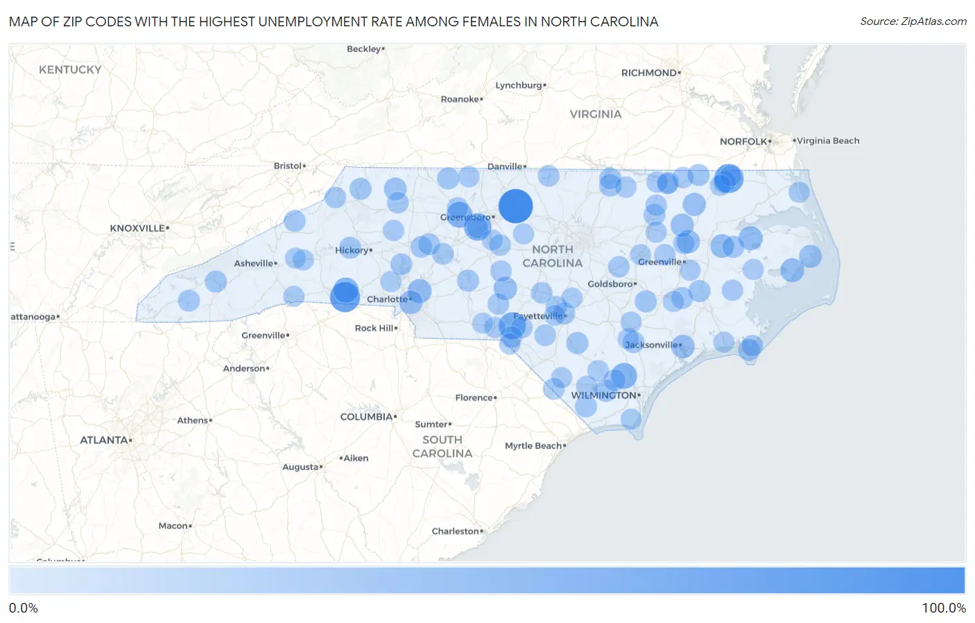 Zip Codes with the Highest Unemployment Rate Among Females in North Carolina Map