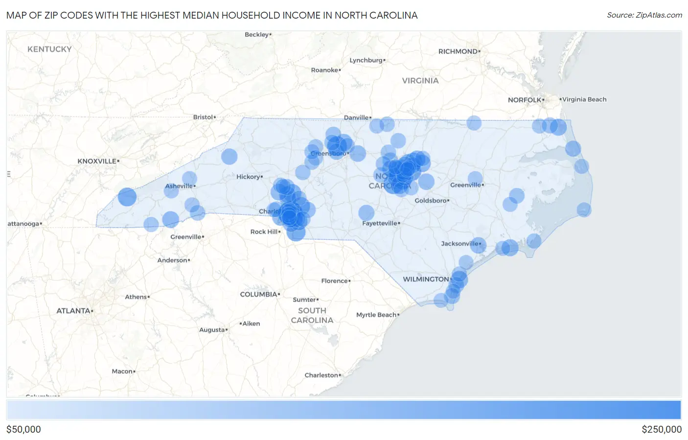 Zip Codes with the Highest Median Household Income in North Carolina Map