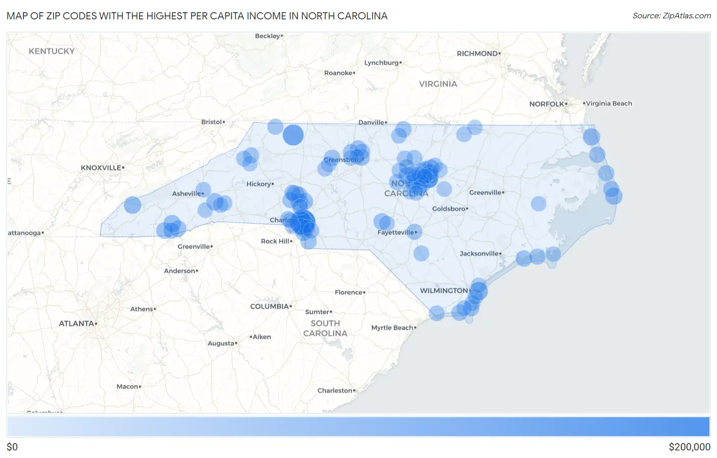Zip Codes with the Highest Per Capita Income in North Carolina Map