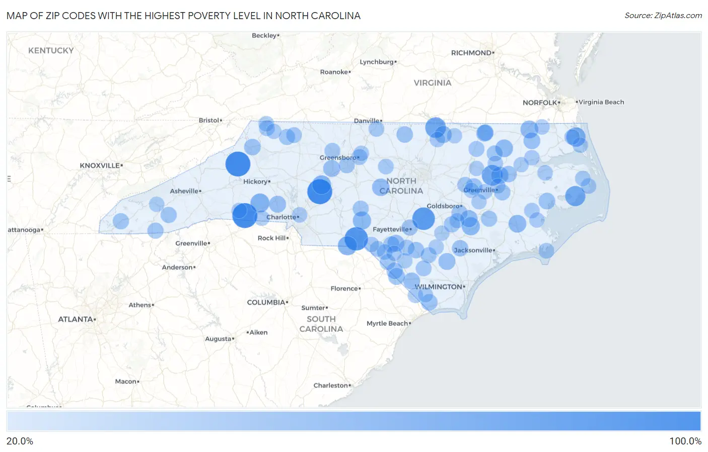 Zip Codes with the Highest Poverty Level in North Carolina Map