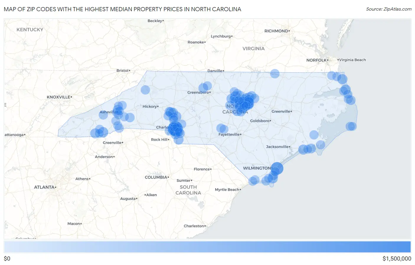 Zip Codes with the Highest Median Property Prices in North Carolina Map
