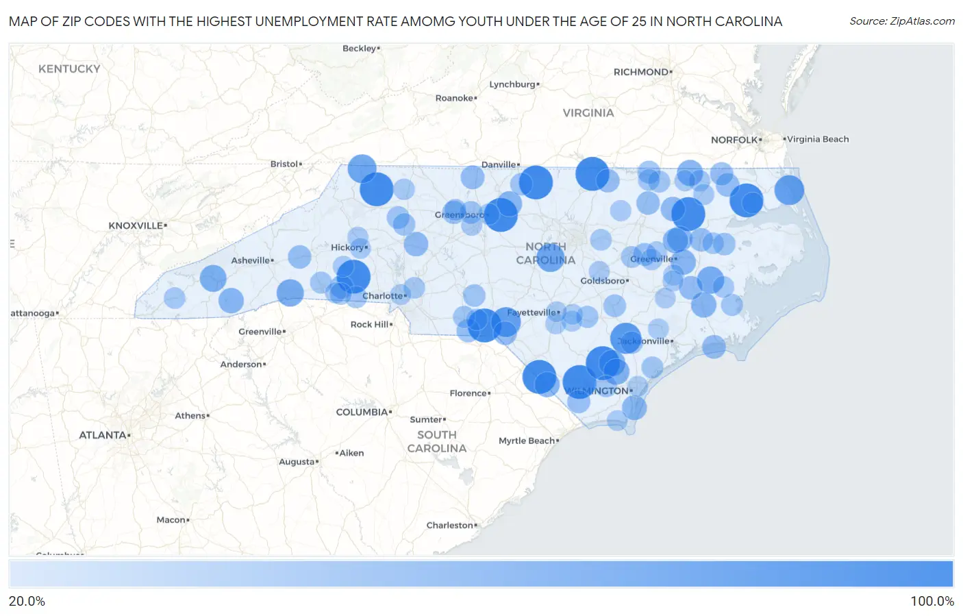 Zip Codes with the Highest Unemployment Rate Amomg Youth Under the Age of 25 in North Carolina Map