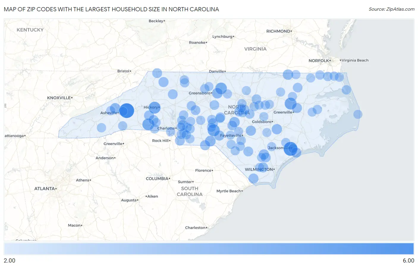 Zip Codes with the Largest Household Size in North Carolina Map