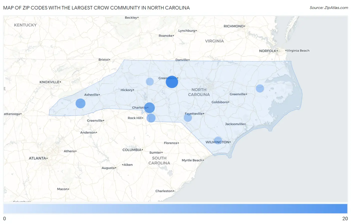 Zip Codes with the Largest Crow Community in North Carolina Map