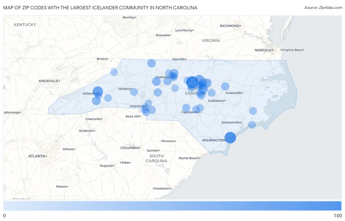 Zip Codes with the Largest Icelander Community in North Carolina Map
