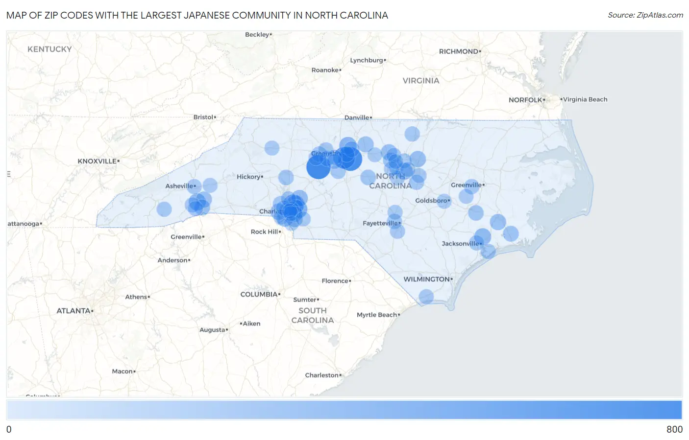 Zip Codes with the Largest Japanese Community in North Carolina Map