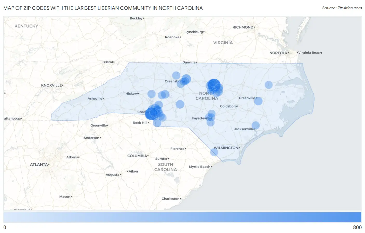 Zip Codes with the Largest Liberian Community in North Carolina Map