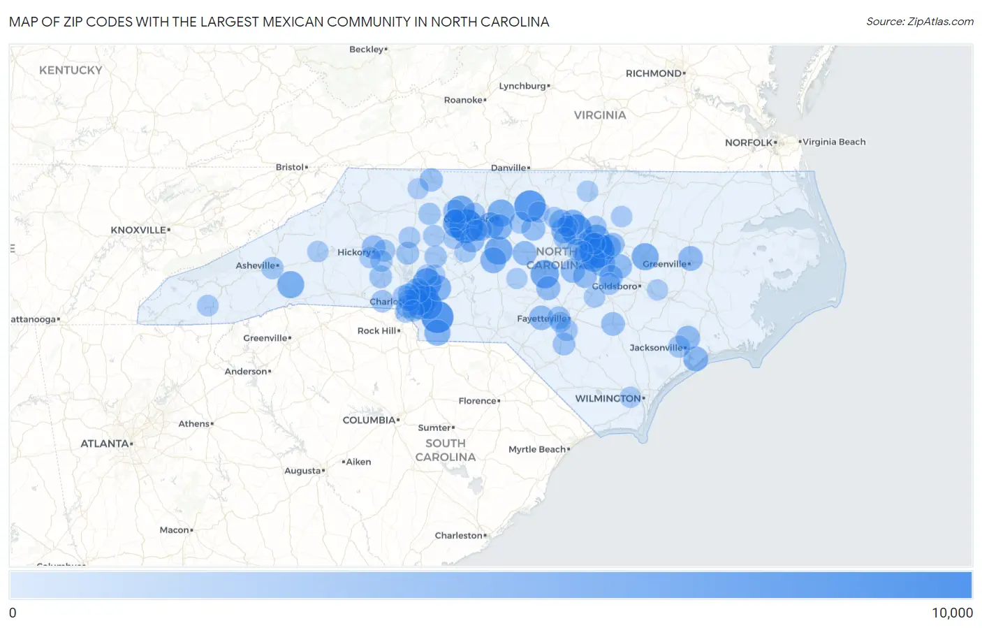 Zip Codes with the Largest Mexican Community in North Carolina Map