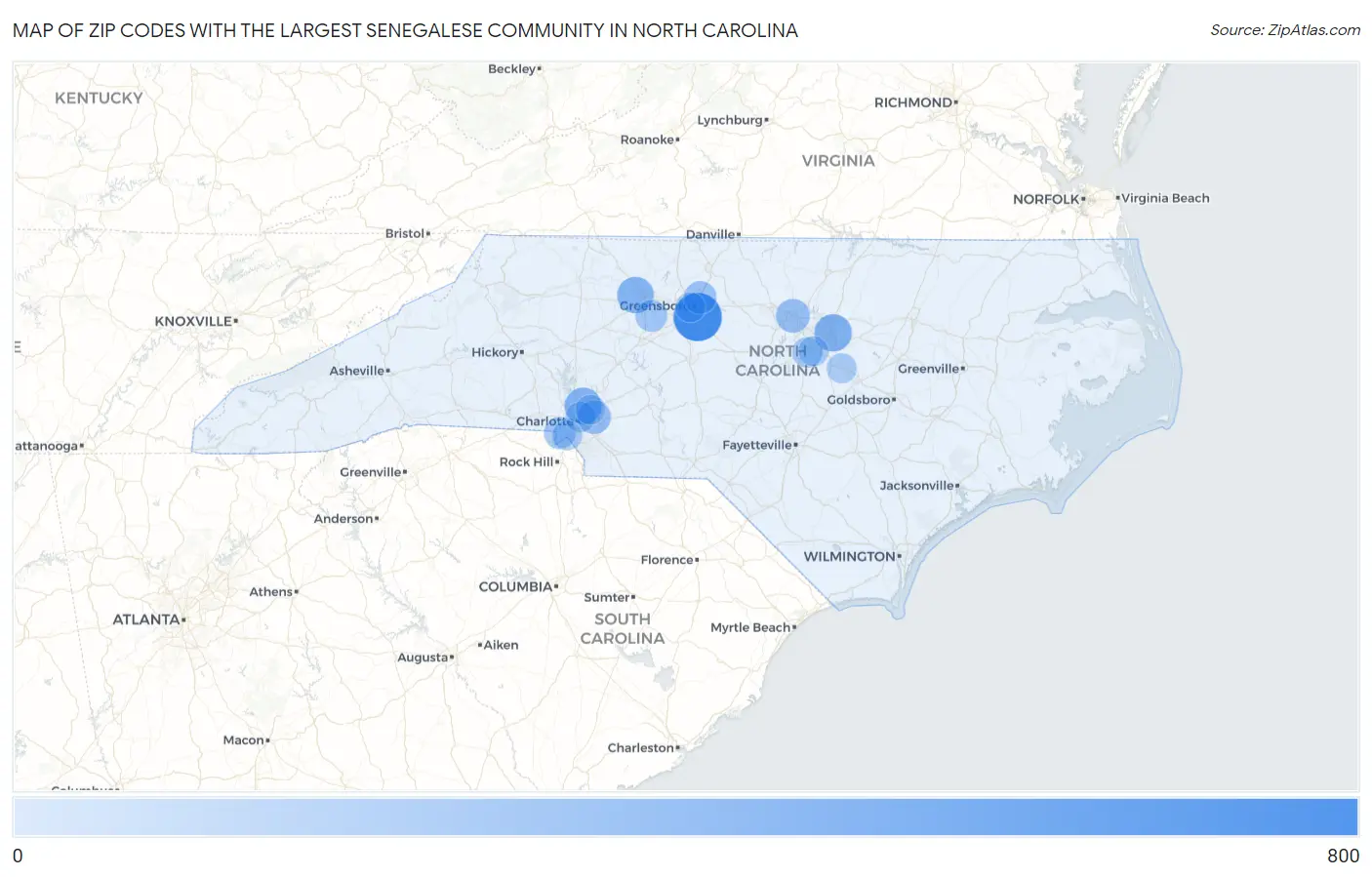 Zip Codes with the Largest Senegalese Community in North Carolina Map