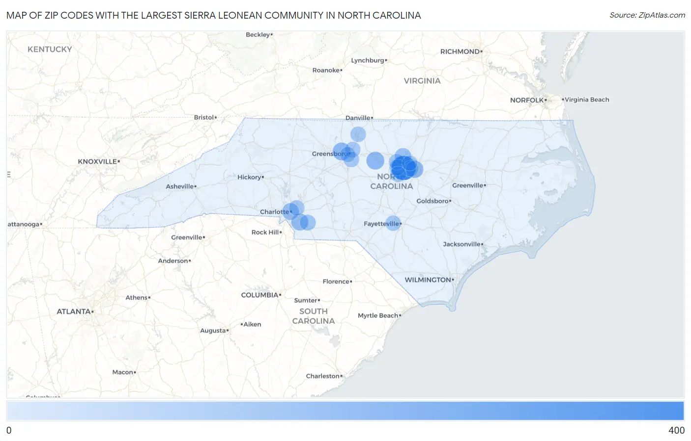 Zip Codes with the Largest Sierra Leonean Community in North Carolina Map