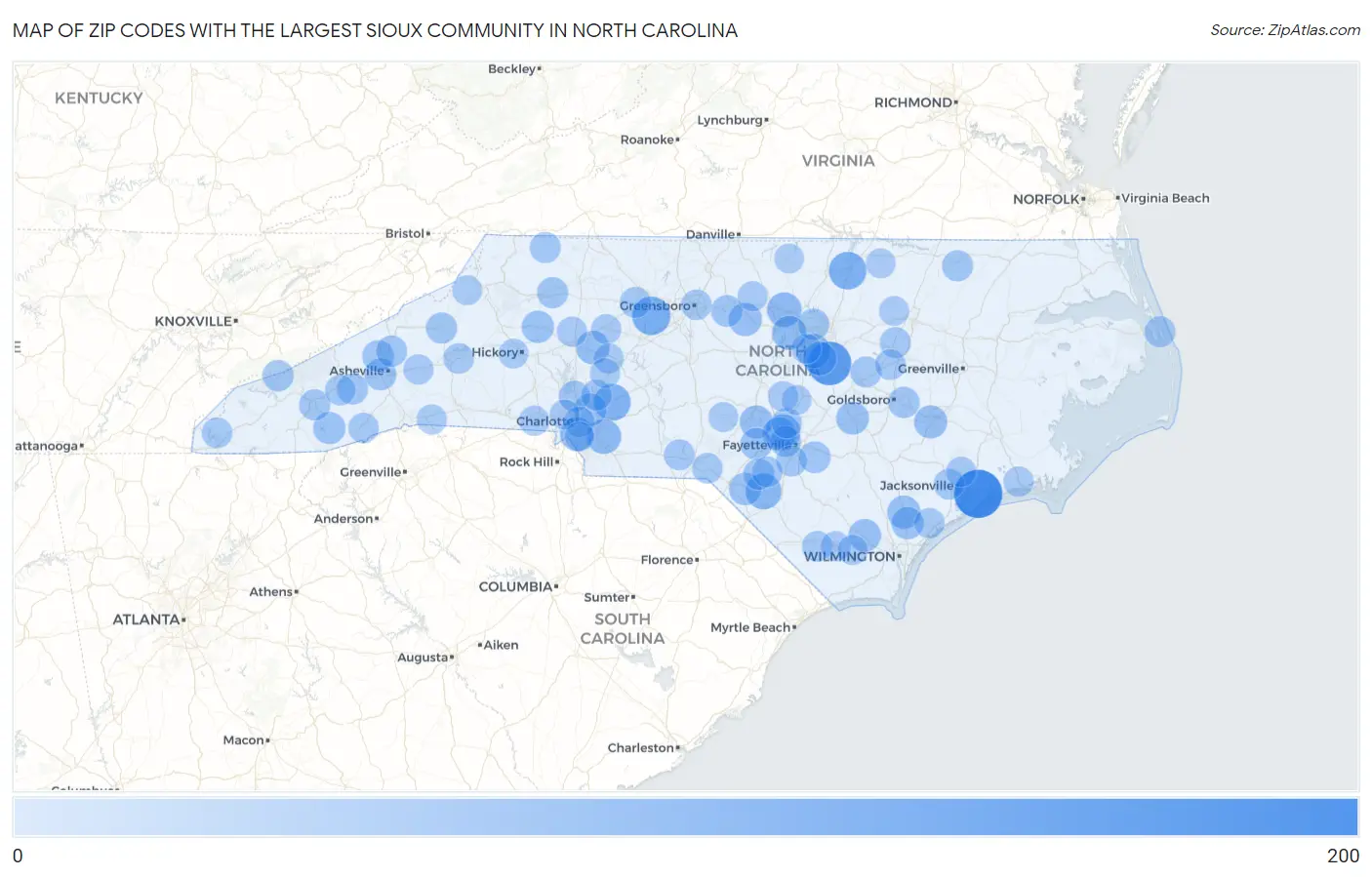 Zip Codes with the Largest Sioux Community in North Carolina Map