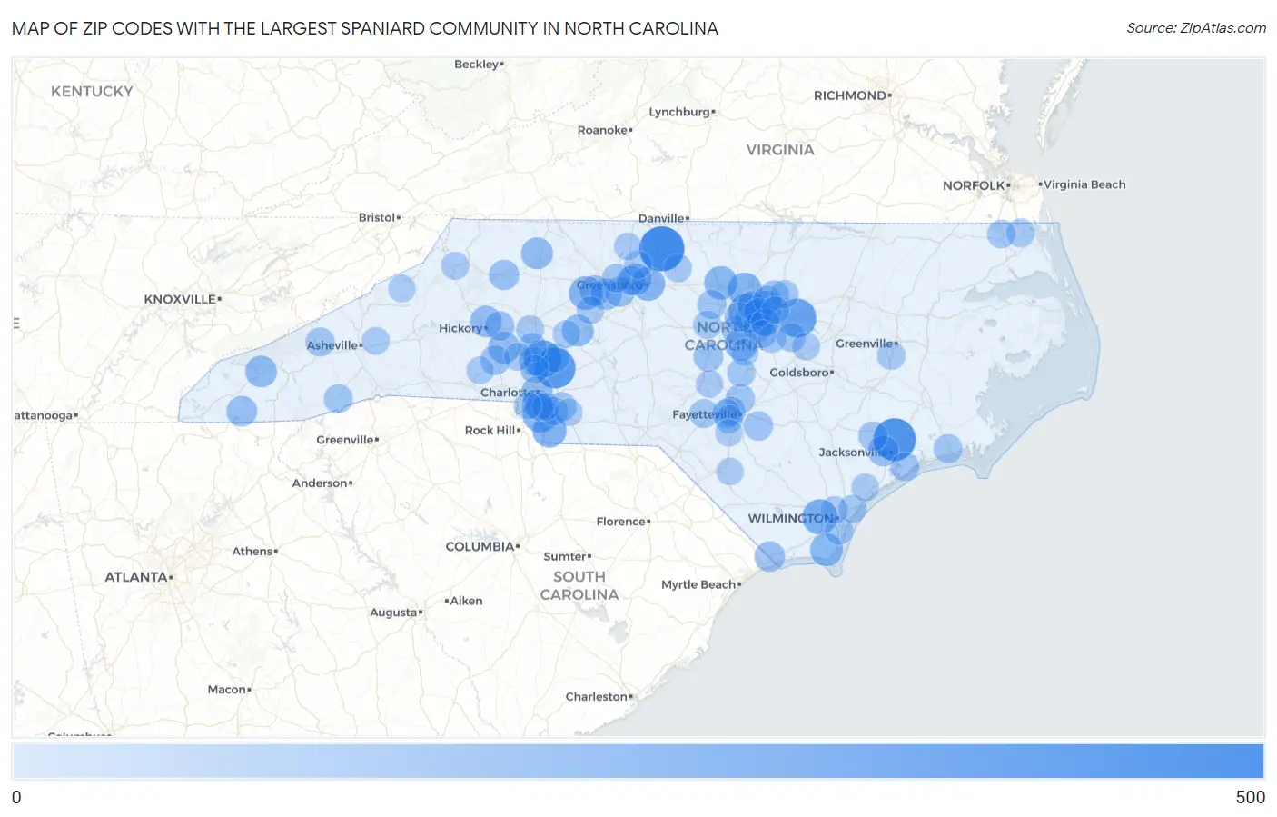 Zip Codes with the Largest Spaniard Community in North Carolina Map