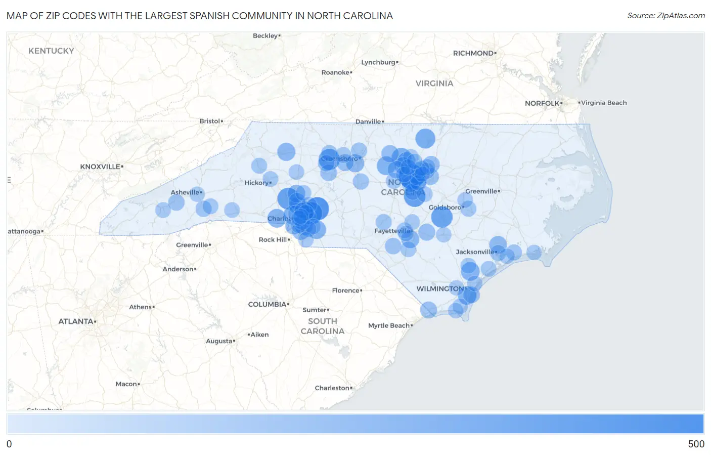 Zip Codes with the Largest Spanish Community in North Carolina Map
