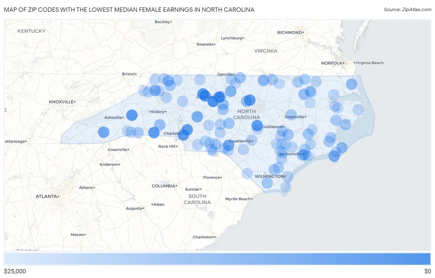 Zip Codes with the Lowest Median Female Earnings in North Carolina Map