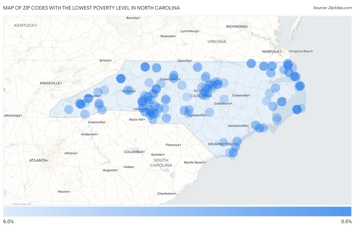 Zip Codes with the Lowest Poverty Level in North Carolina Map