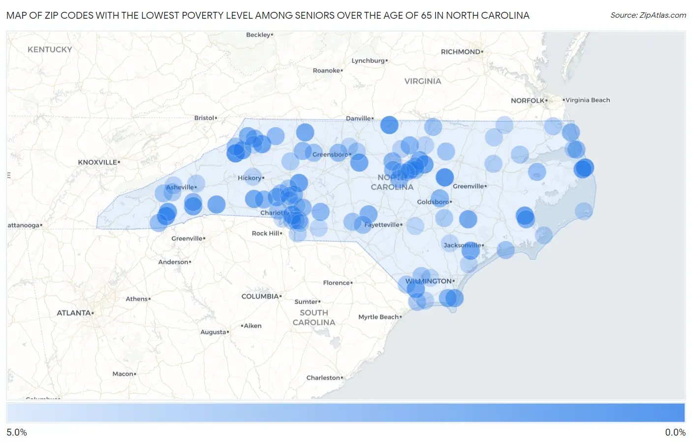 Zip Codes with the Lowest Poverty Level Among Seniors Over the Age of 65 in North Carolina Map