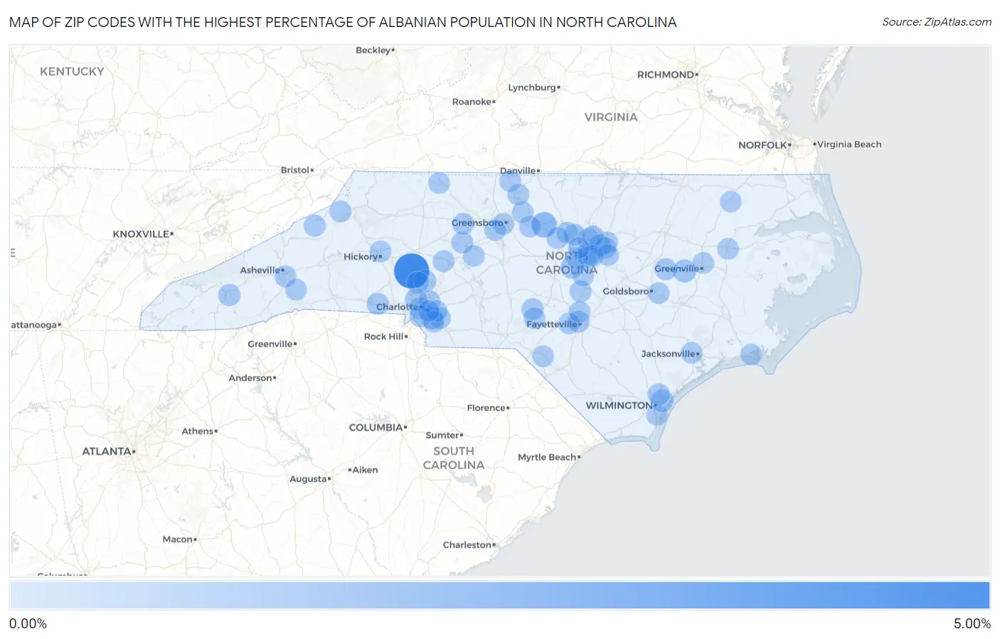 Zip Codes with the Highest Percentage of Albanian Population in North Carolina Map