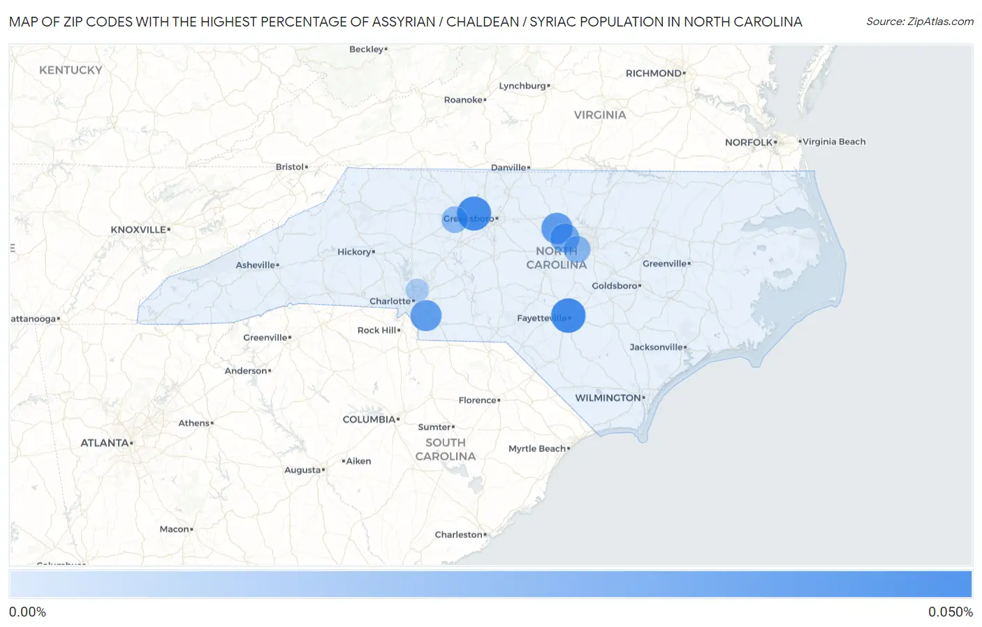 Zip Codes with the Highest Percentage of Assyrian / Chaldean / Syriac Population in North Carolina Map