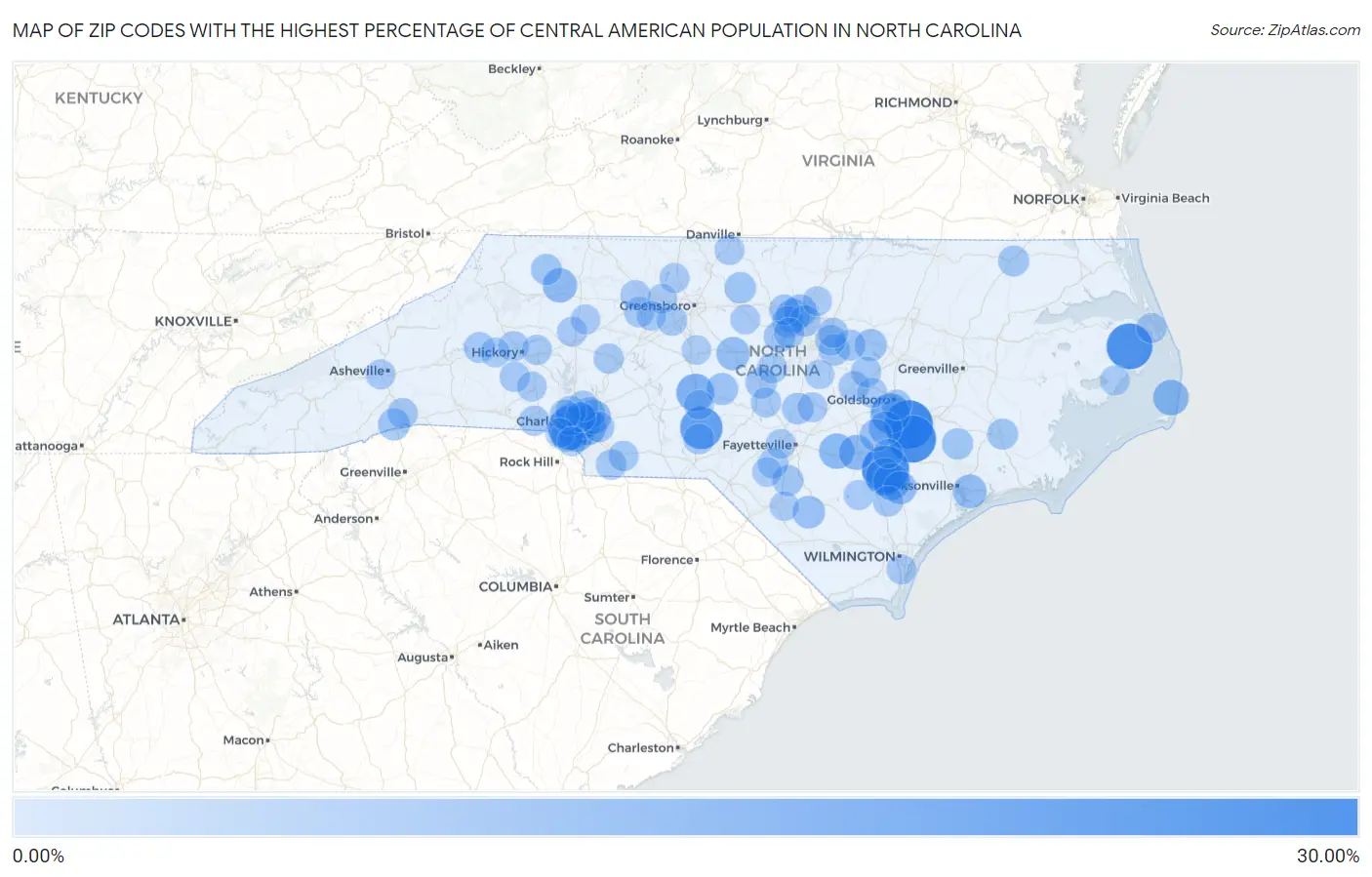 Zip Codes with the Highest Percentage of Central American Population in North Carolina Map