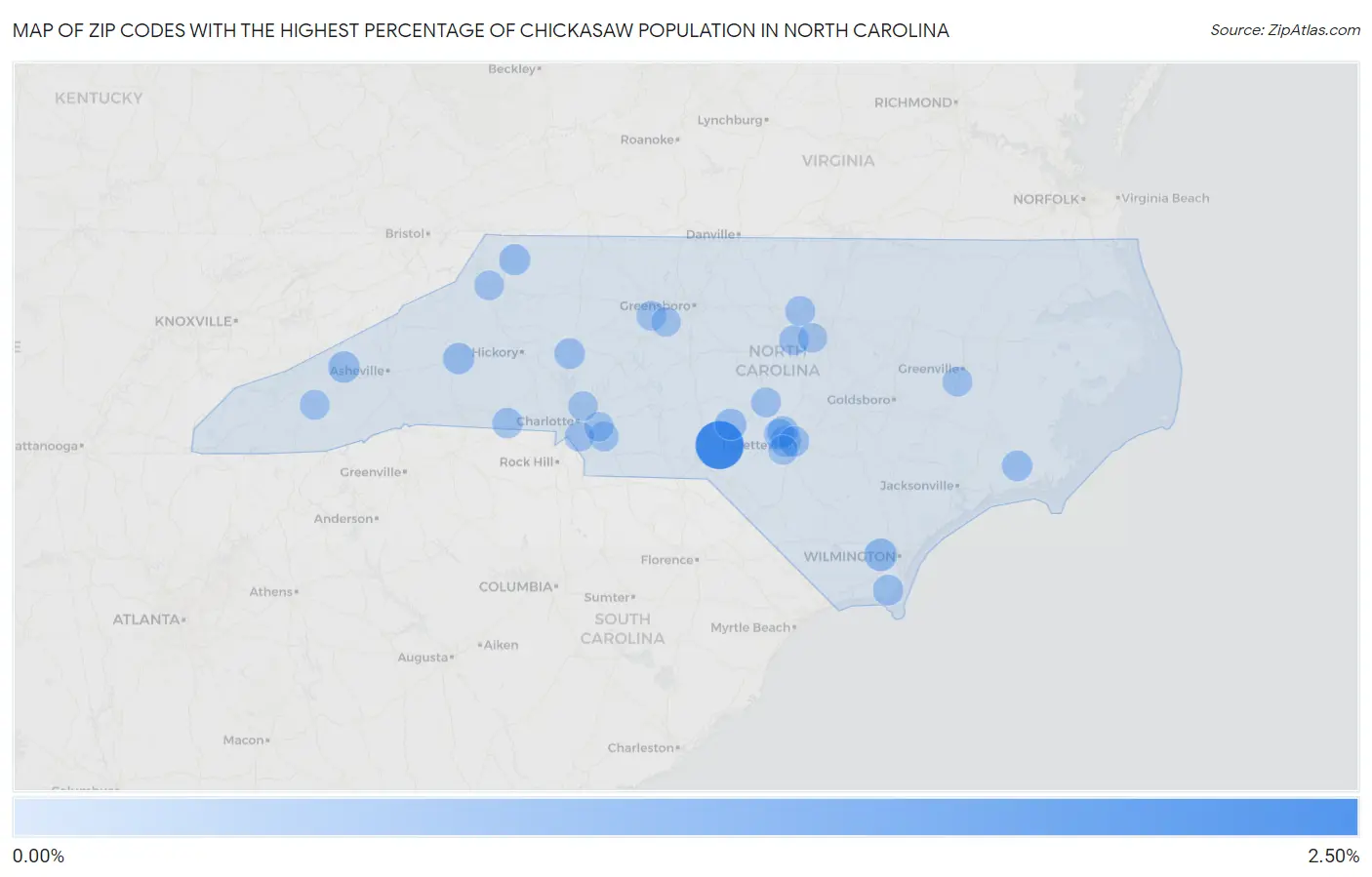 Zip Codes with the Highest Percentage of Chickasaw Population in North Carolina Map