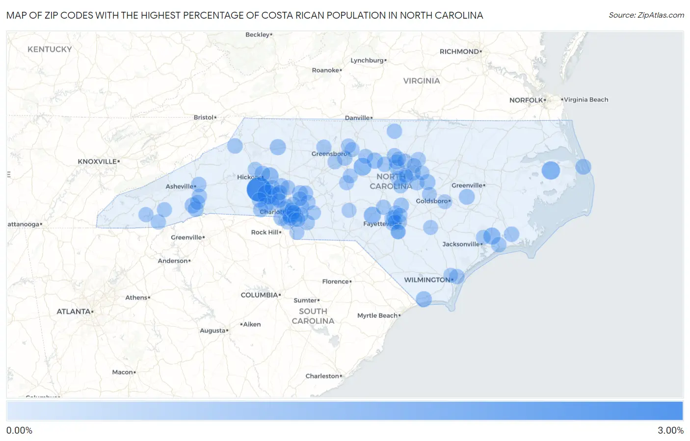 Zip Codes with the Highest Percentage of Costa Rican Population in North Carolina Map