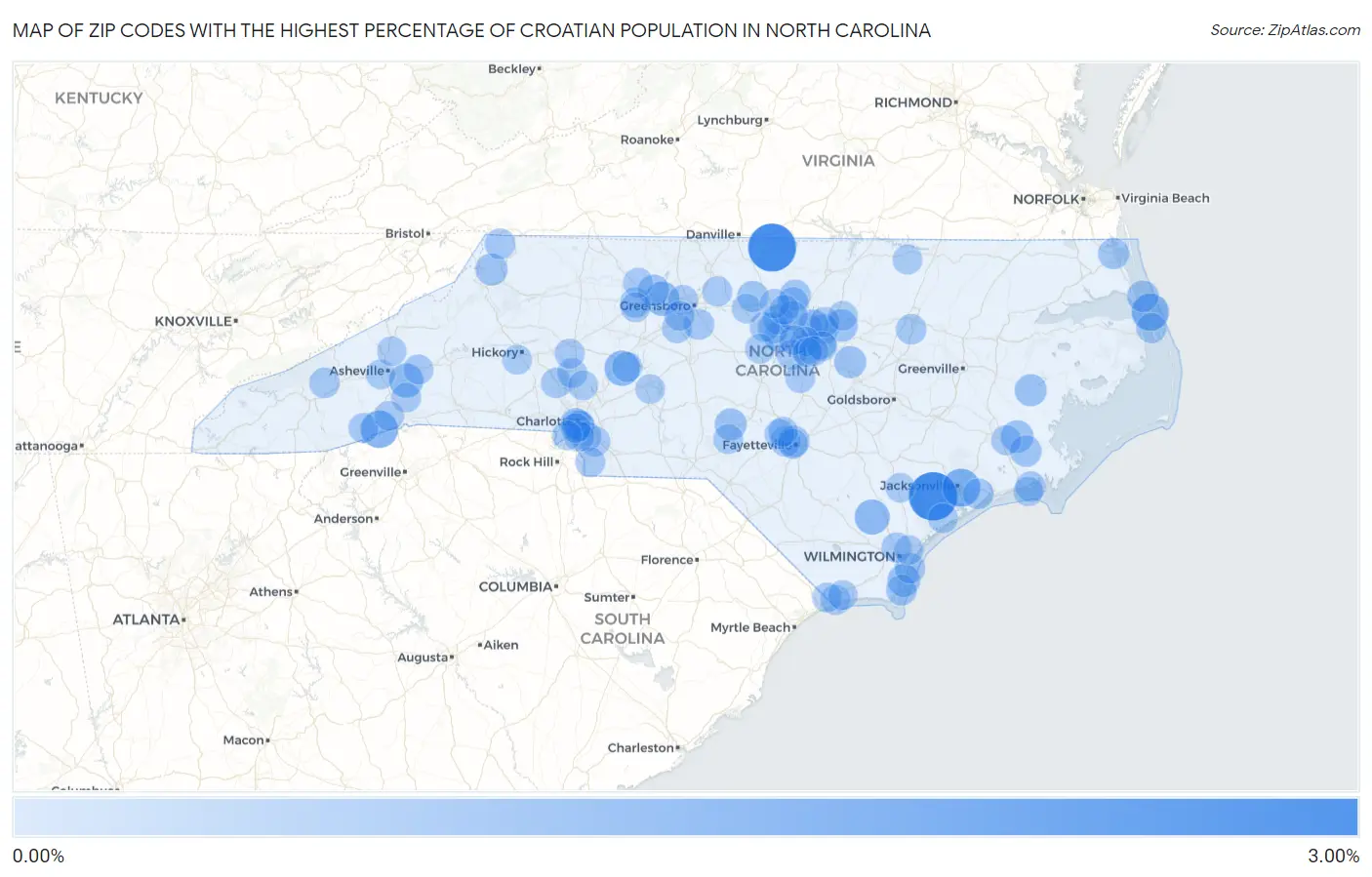 Zip Codes with the Highest Percentage of Croatian Population in North Carolina Map