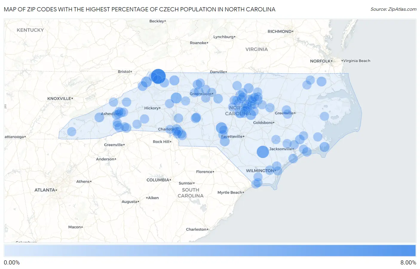 Zip Codes with the Highest Percentage of Czech Population in North Carolina Map