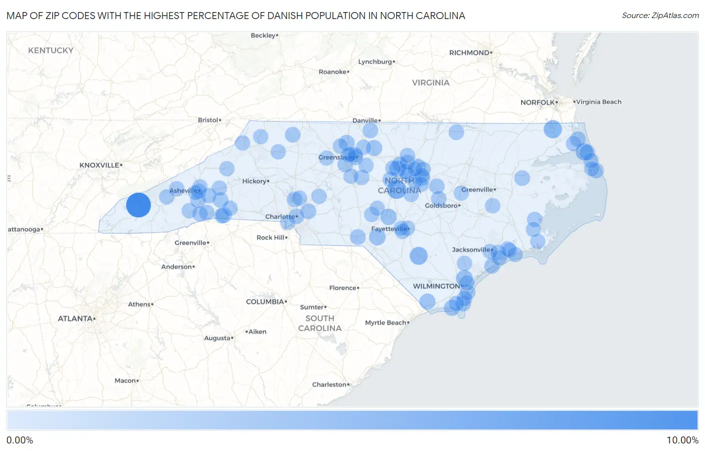 Zip Codes with the Highest Percentage of Danish Population in North Carolina Map