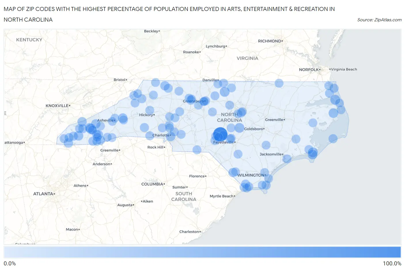 Zip Codes with the Highest Percentage of Population Employed in Arts, Entertainment & Recreation in North Carolina Map