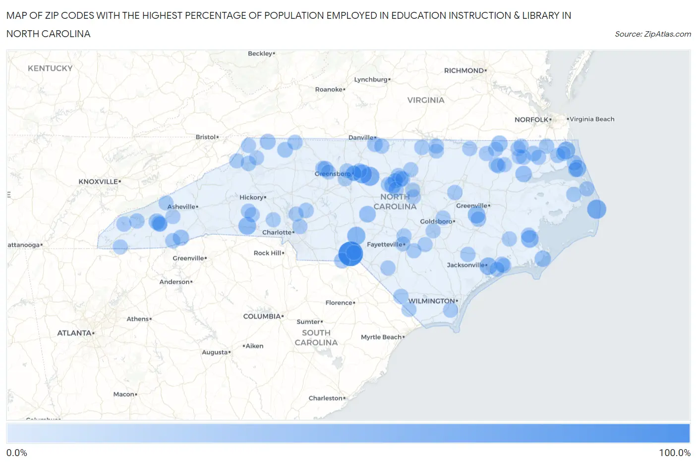 Zip Codes with the Highest Percentage of Population Employed in Education Instruction & Library in North Carolina Map