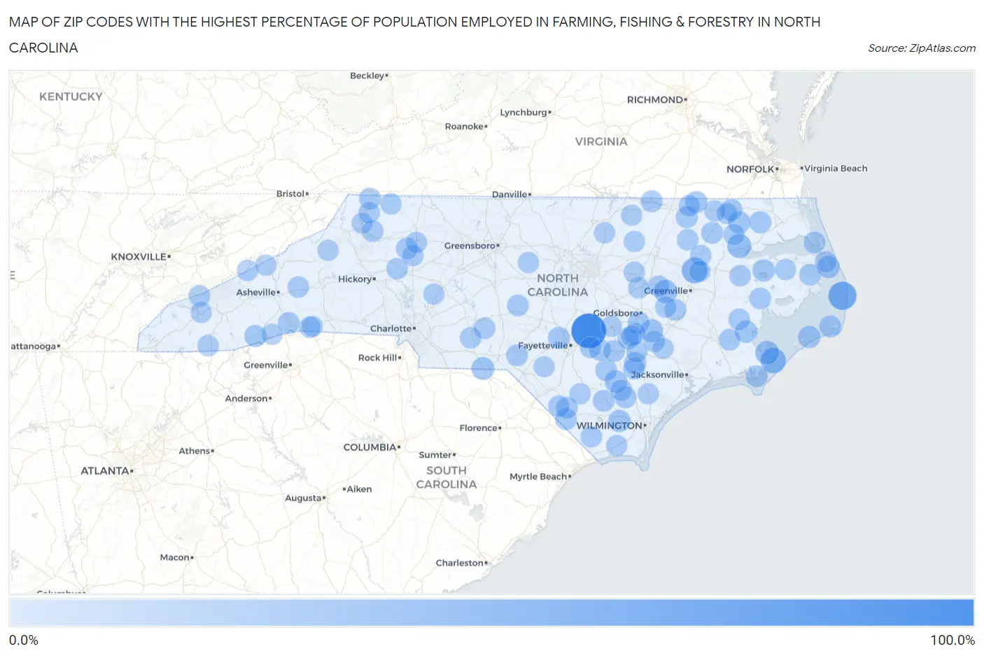 Zip Codes with the Highest Percentage of Population Employed in Farming, Fishing & Forestry in North Carolina Map
