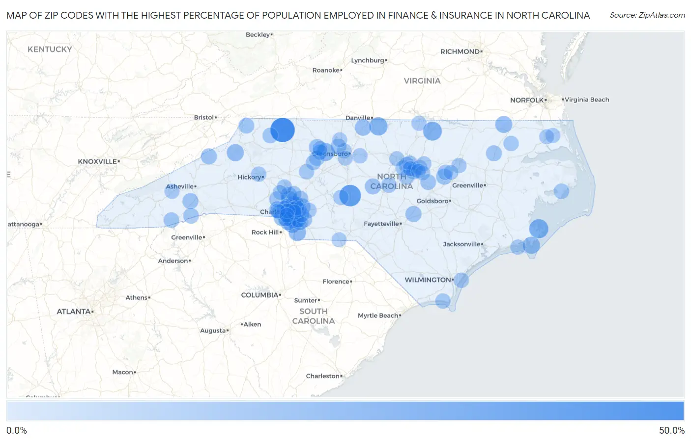 Zip Codes with the Highest Percentage of Population Employed in Finance & Insurance in North Carolina Map