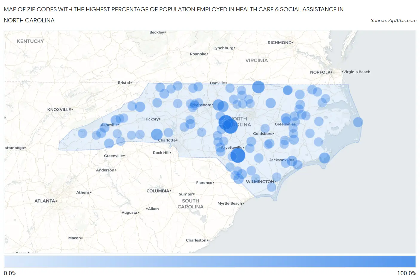 Zip Codes with the Highest Percentage of Population Employed in Health Care & Social Assistance in North Carolina Map