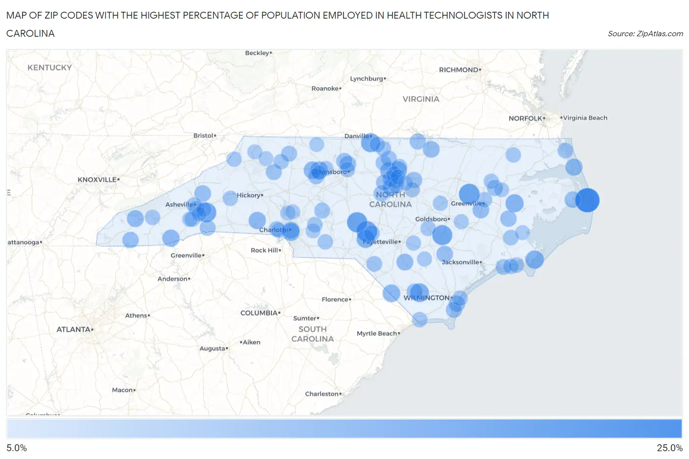 Zip Codes with the Highest Percentage of Population Employed in Health Technologists in North Carolina Map