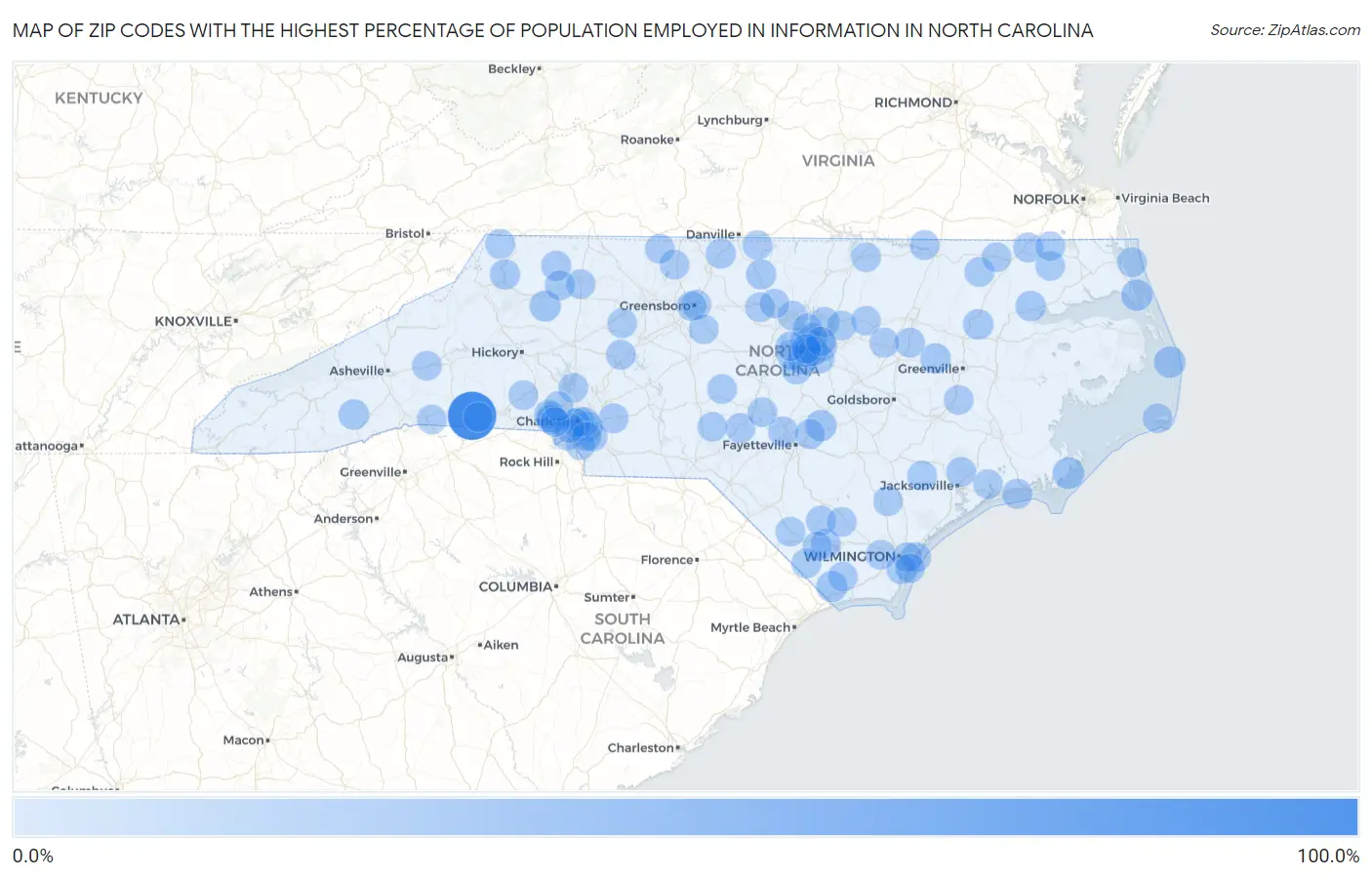 Zip Codes with the Highest Percentage of Population Employed in Information in North Carolina Map
